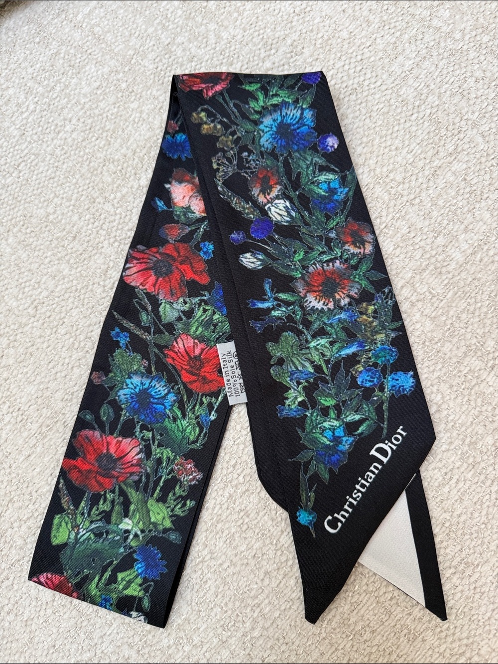 Dior Black Floral Silk Narrow Scarf with Red and Blue Blooms